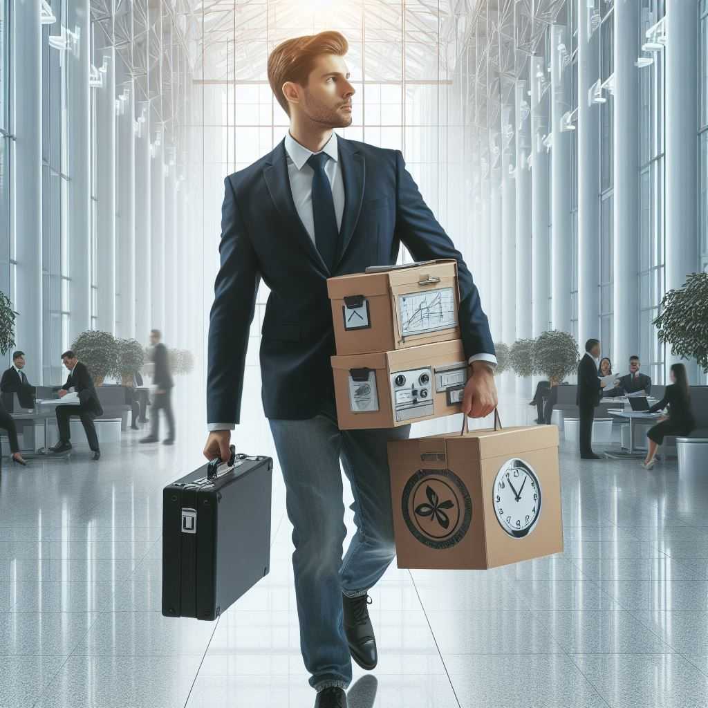 secretary carrying a toolbox walking in an office building