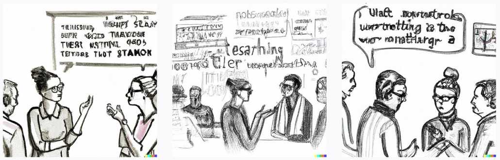 people talking to each other in a meeting room, not understanding each other, lots of jargon words, pencil sketch