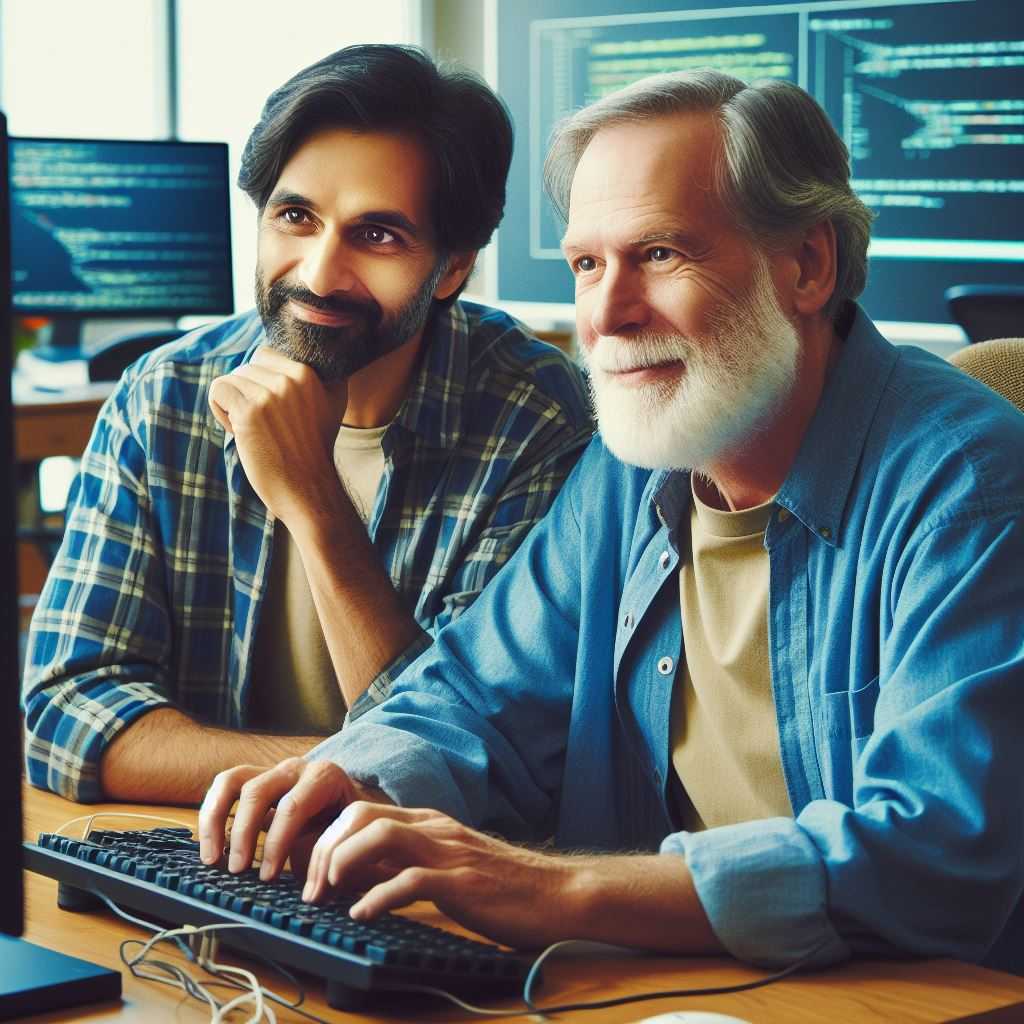 two middle-aged software developers in the year 2000 sitting together at at computer