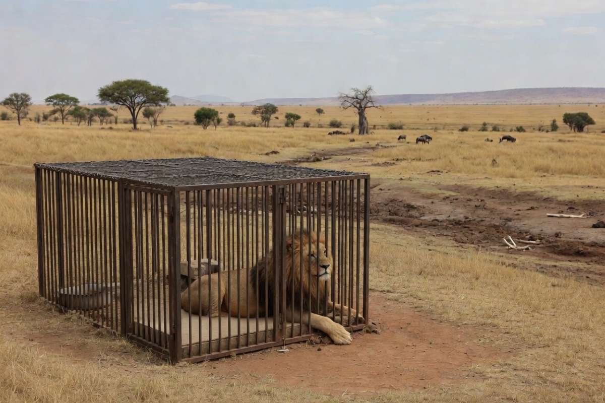 Lion In Cage on open plains